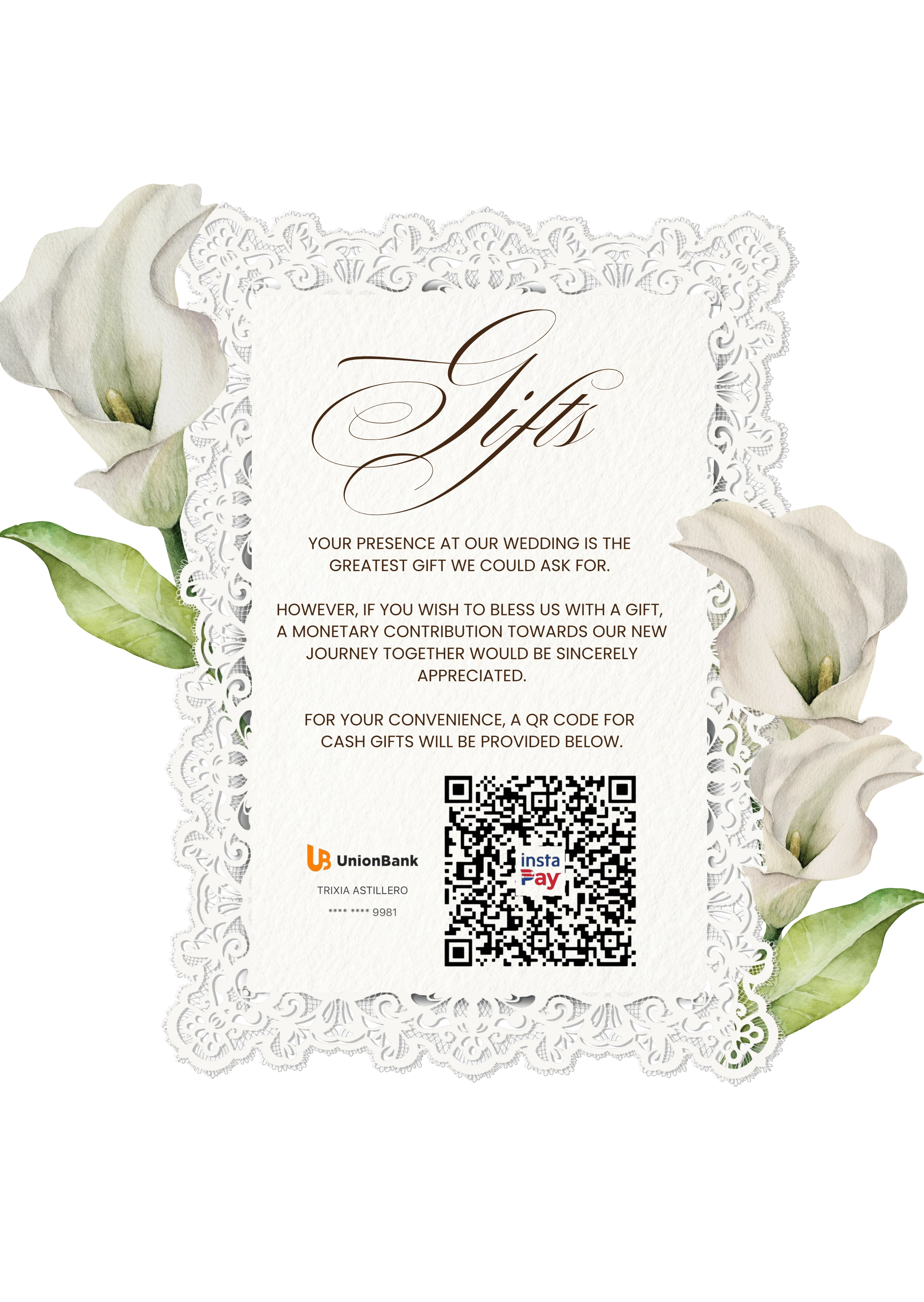 Gifts — a QR code for cash gifts will be provided
